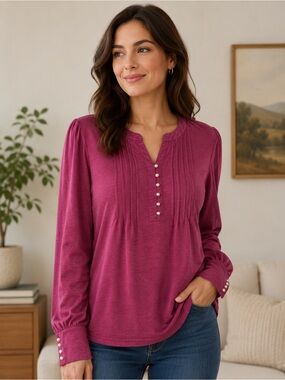 Luyaa Plum Pintuck Pearl Button Blouse Romantic Puff Sleeve Top S